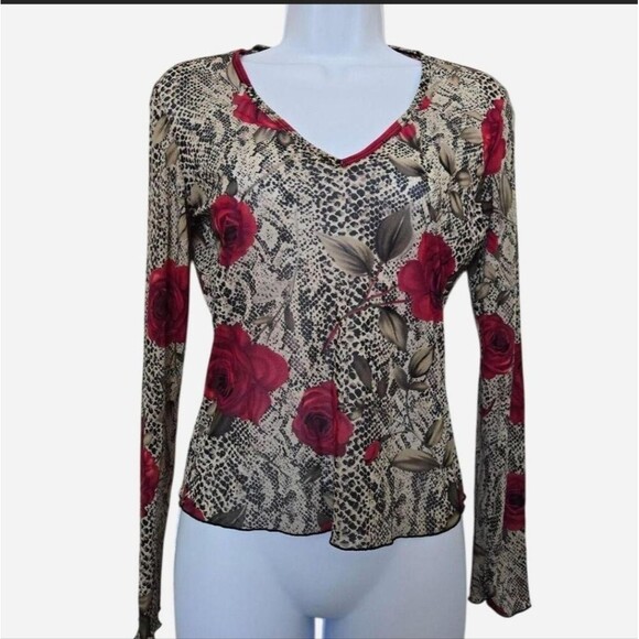Express Vintage Y2K Roses Mesh Euro goth long sleeve top - Picture 1 of 8